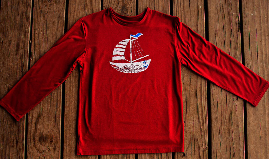 Boys Sun Protective Shirt-Sailboat Deep Crimson - Little Leaves Clothing Company